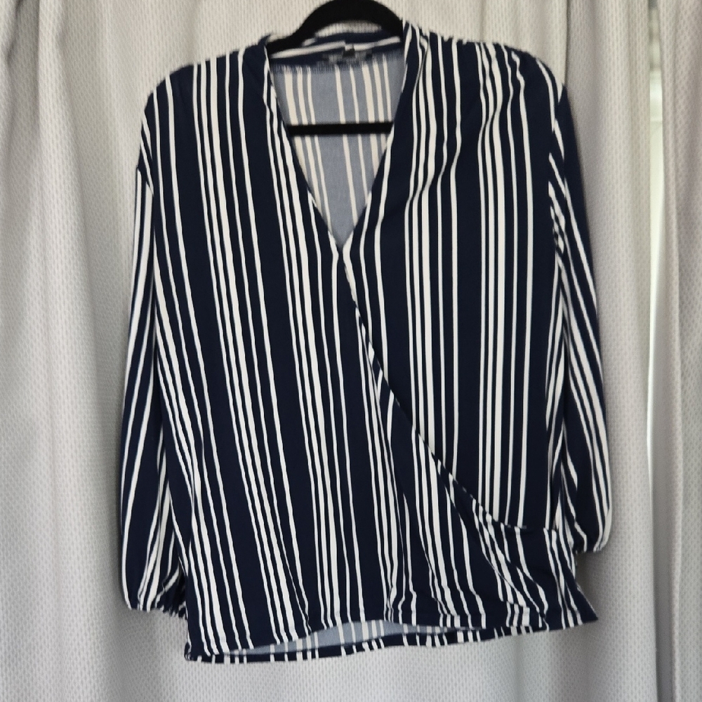 Adrianna Papell Navy and White Striped Blouse
